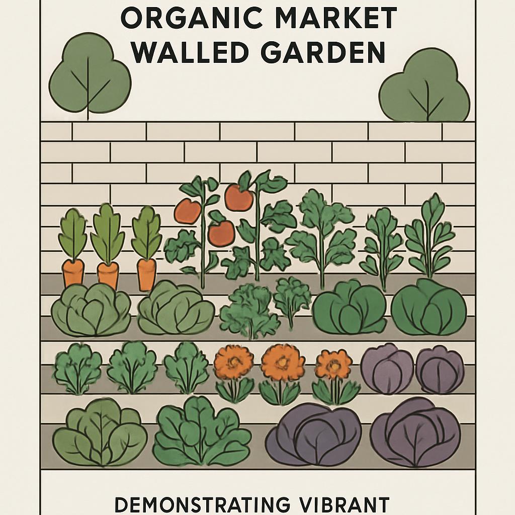Here is a vibrant organic vegetable garden featuring a variety of leafy greens and vegetables, with a focus on horizontal ...
