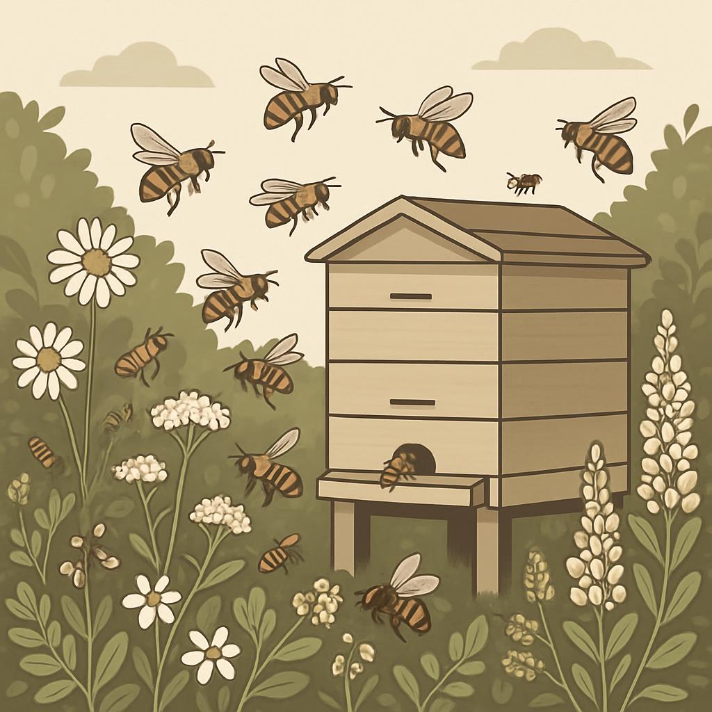 A colorful illustration of a light brown, modern-looking beehive surrounded by flowers. White and tan flowers blossom in t...