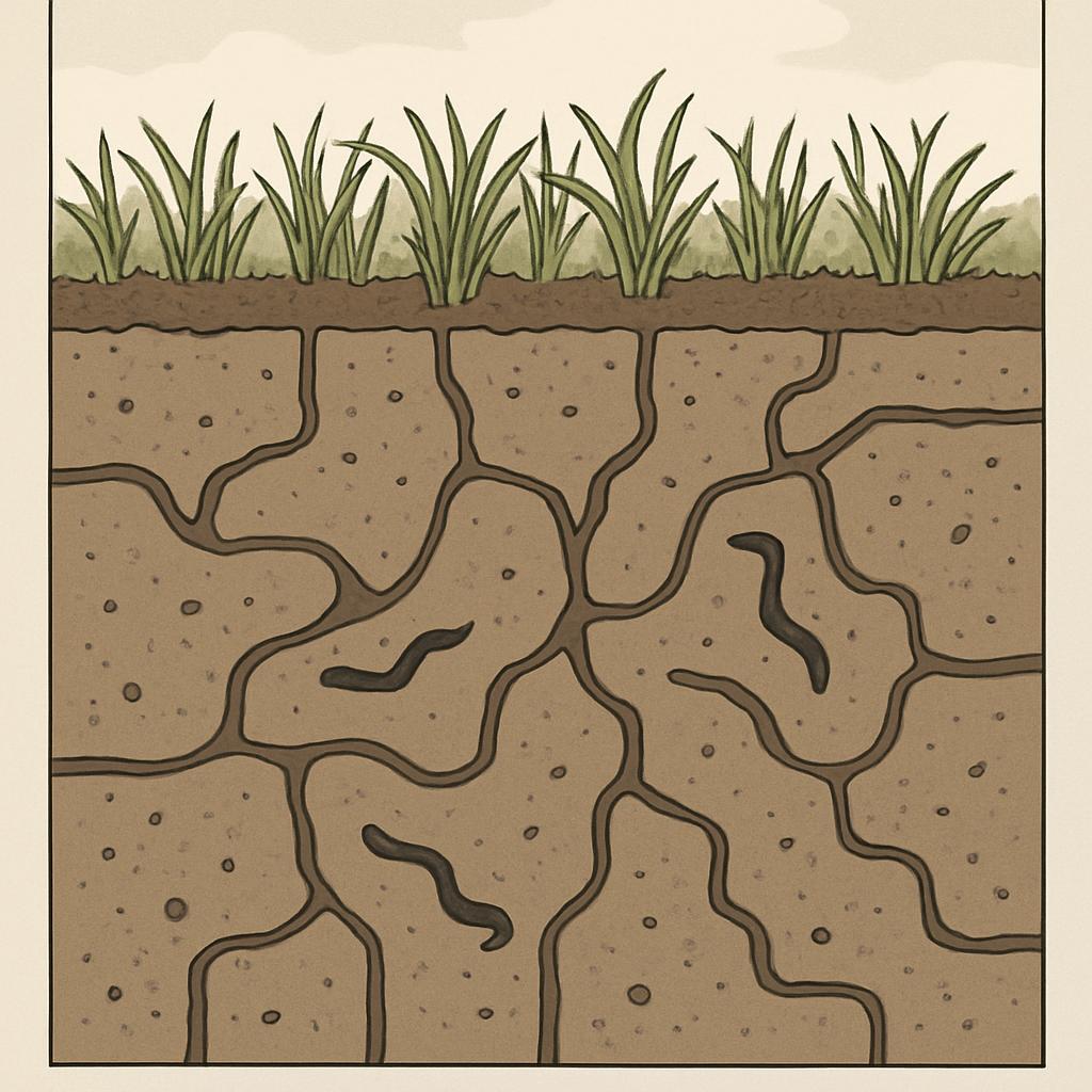 An illustration of a cross-section of soil, showing grass growing on top and roots growing below, with a sepia-toned backg...
