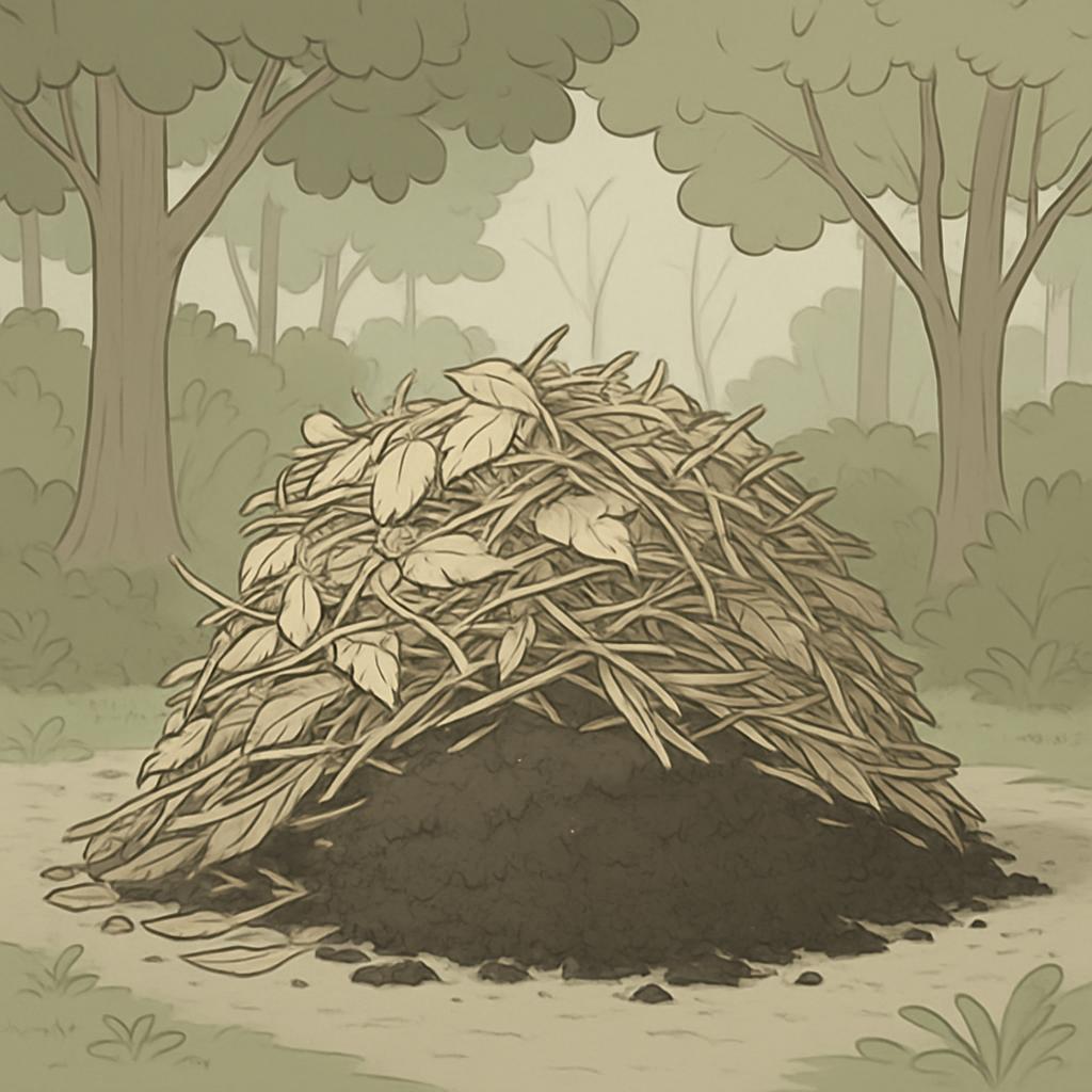 A small, fuzzy, brown, articulated insect walking on a pile of compost leaves, woodchips, and dirt.