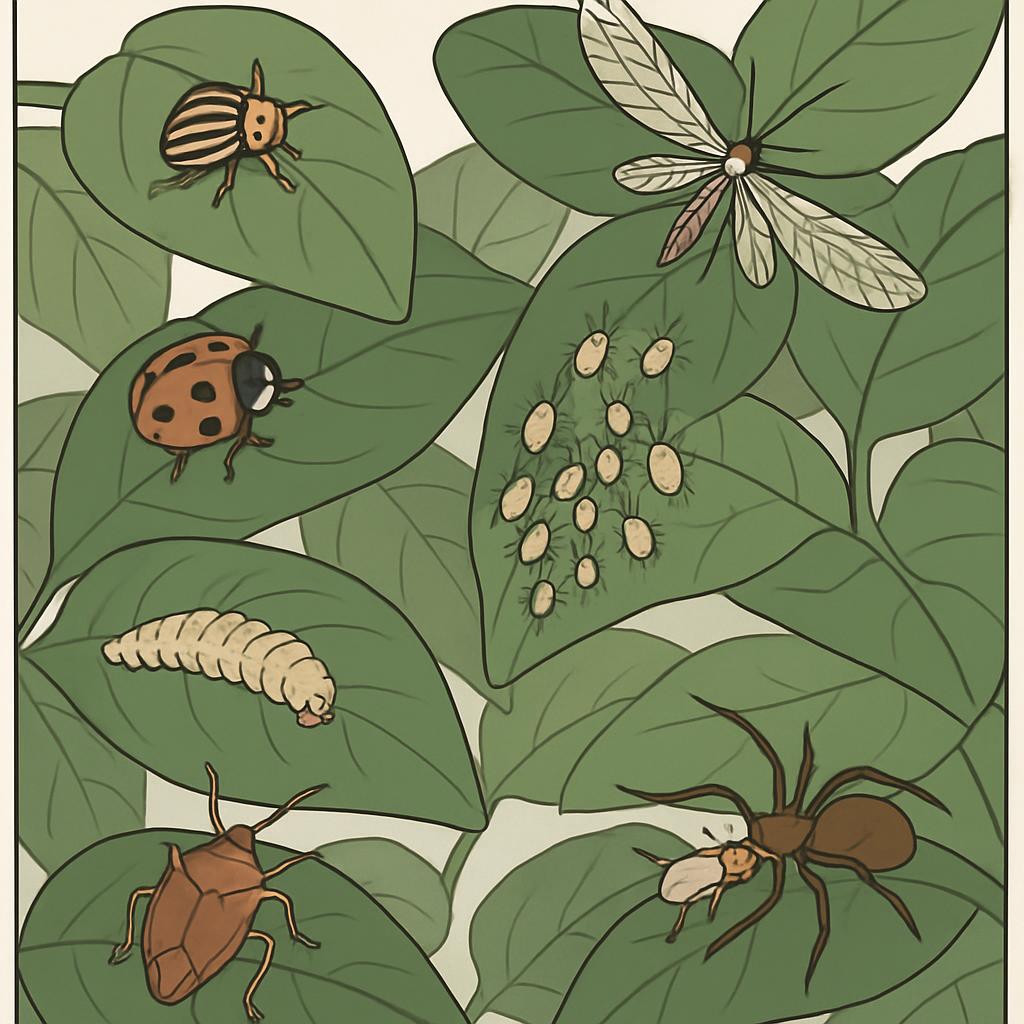 Nature-inspired artwork ultimately featuring an assortment of insects, primarily arthropods arranged on green leaves or in...